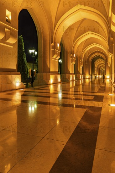 Illuminated arcades at the Sultan's Palace, Muscat, Arabian Peninsula, Sultanate of Oman