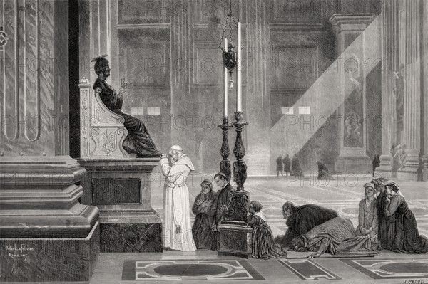 Pope Pius IX at bronze statue of Saint Peter, St. Peter's Basilica, Vatican, Rome, Italy, 19th Century
