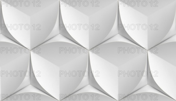 Minimalist 3D illustration with crisp white cubic and petal-like patterns forming a seamless geometric texture, evoking balance, simplicity, and modernity