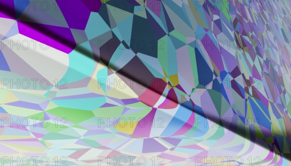 This image displays a vivid 3D rendering of irregularly shaped color polygons that overlap and intersect in a visually captivating manner, showcasing a range of hues and gradients