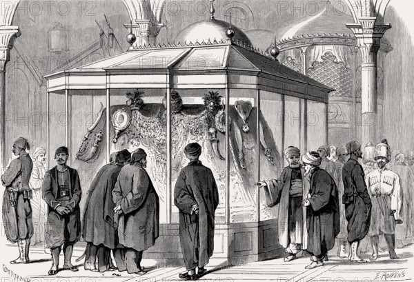 Showcase with the Turkish crown jewels, Ottoman General Exposition, Constantinople, Ottoman Empire, Turkey, 1863