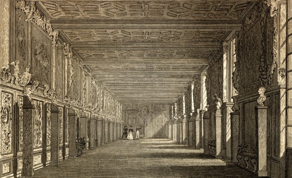 Gallery, The Royal Château de Fontainebleau, near Paris, antique steel engraved print, 1831