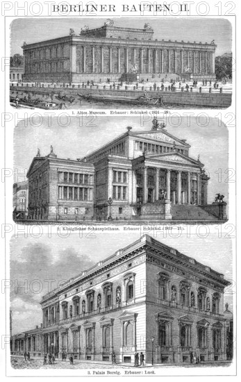 Historic illustration, 19th century, buildings in Berlin, Germany, Museum, Schauspielhaus, Palais Borsig, historische Zeichnung, 19. Jahrhundert, Gebäude in Berlin, Museum, Schauspielhaus, Palais Borsig