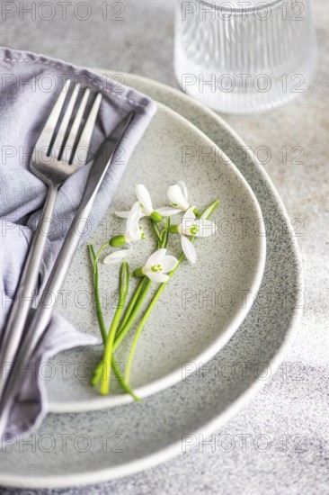 Textured grey plate featuring fresh spring snowdrops alongside a fork and a soft cloth napkin, creating a serene dining setup indicative of springtime freshness