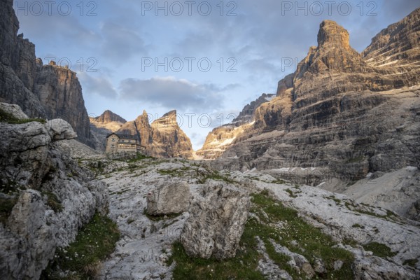 Sunset, Refugio Francis Fox Tuckett Alpine Club Hut, mountain peaks of the Brenta Mountains, Brenta-Adamello Natural Park, Trentino, Italy