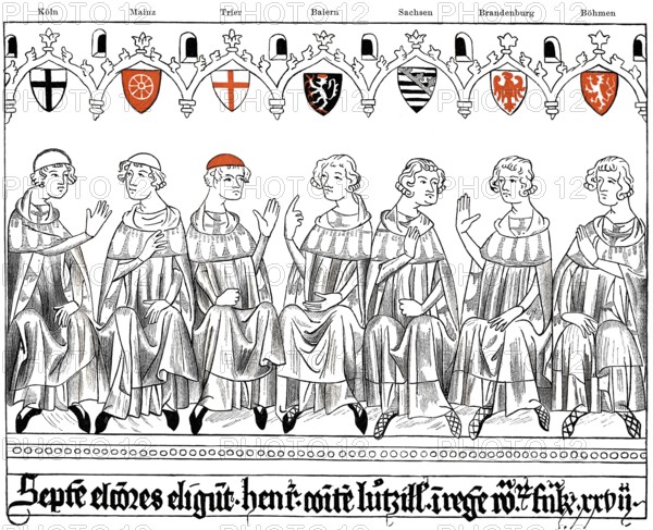 Illustration of Prince-electors in deliberation, from left: Archbishop of Cologne, Archbishop of Mainz, Archbishop of Trier, Count Palatine of the Rhine, Duke of Saxony, Margrave of Brandenburg and King of Bohemia, Frankfurt, in November 1308