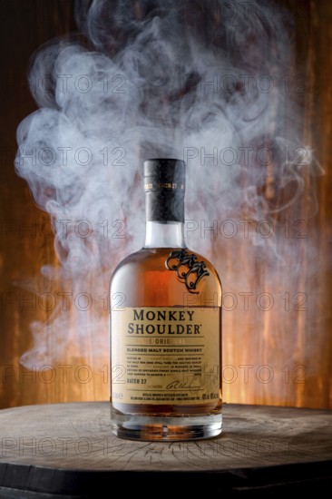 April 8, 2022, Minsk, Belarus, bottle of Monkey Shoulder blended malt scotch whisky surrounded with smoke