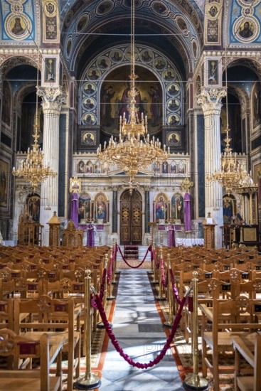 Cathedral of the Annunciation, Greek Orthodox Church, altar and rows of chairs, decorated interior, Athens, Greece
