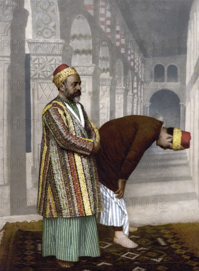 Muslims at prayer, Holy Land, Historical, Digitally restored reproduction from a 19th century original, Record date not stated