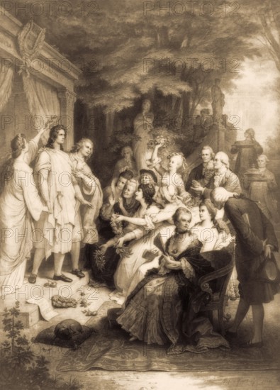 A performance of Iphigenia in Tauris at Weimar, featuring Goethe as Orestes, Karl August as Pylades and Corona Schröter as Iphigenia, after Wilhelm von Kaulbach