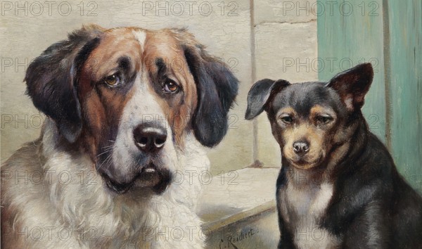 Carl Reichert, Karl Reichert, pseudonym J. Hartung (born 27 August 1836 in Vienna, died 5 April 1918 in Graz) . Austrian painter, especially landscape painter and animal painter. Here his work:, Melancholic, Phlegmatic, St Bernard and a smaller dark dog next to each other, calm, thoughtful mood, matching the characteristics of the depicted dog breeds, Painting, Reproduction of the painting, Work of art, Historical