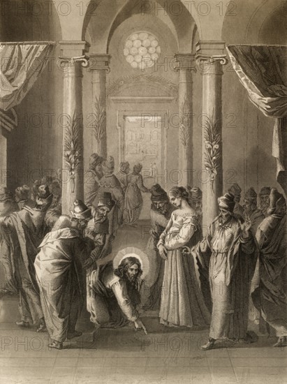 Trial of the adulterous woman, New Testament, steel engraving 1853, digitally restored
