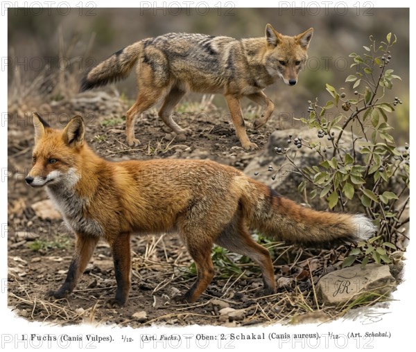 Fox (Canis vulpes) and jackal (Canis aureus), display board, historical illustration, digitally processed, canine, predator, animal world, wild animal, animal illustration