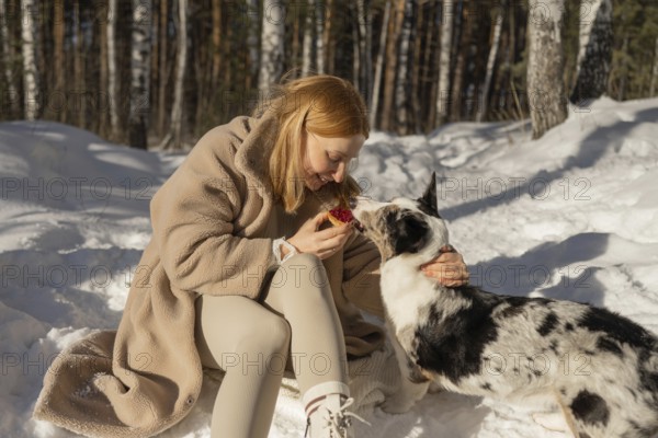 A woman and her Border Collie dog share a moment in a snowy forest. The woman, visible in full, feeds her dog a treat during a serene wintery walk