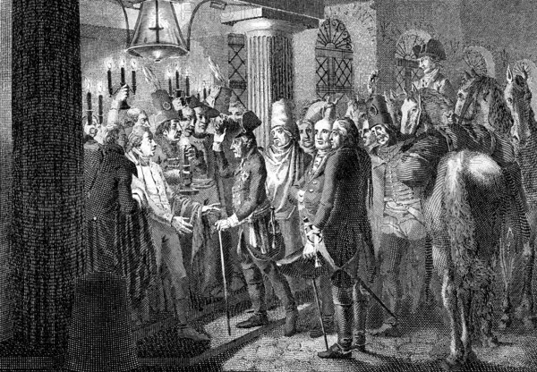 Historische Zeichnung, Friedrich II., oder Friedrich der Große, der Alte, 1712 - 1786, König von Preußen, vor dem Schloss bei Lesnica oder Lissa, Breslau, Polen, 1757