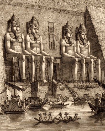 Ancient Egyptian ships, Abu Simbel temple, drawing from the 19th century