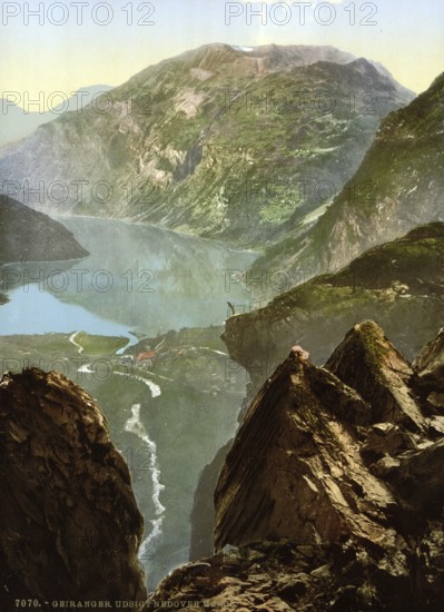 General view towards Merok, Geirangerfjord, Norway, View from 1885, Historical, digitally restored reproduction from a 19th century original, Record date not stated