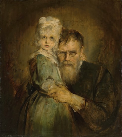 Painting, Reproduction of the painting, Work of art, Historical, Franz Seraph Lenbach, since 1882 Knight of Lenbach (born 13 December 1836 in Schrobenhausen, died 6 May 1904 in Munich), German painter, Munich painter prince, here his work:, Self-portrait with daughter Marion (circa 1900), Intimate portrait of a man with a child, conveying warm and familiar feelings