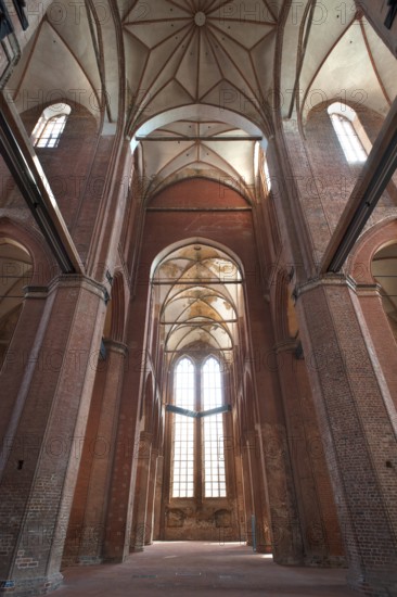 Empty interior of St Georgen, Gothic brick building of the 14th century, under reconstruction, Wismar, Mecklenburg-Vorpommern, Germany
