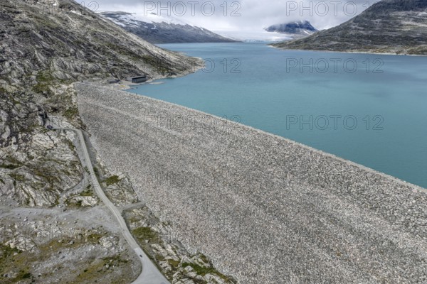 Dam at lake Styggevatnet, Styggevatn, Jostedal glacier, aerial view, Norway
