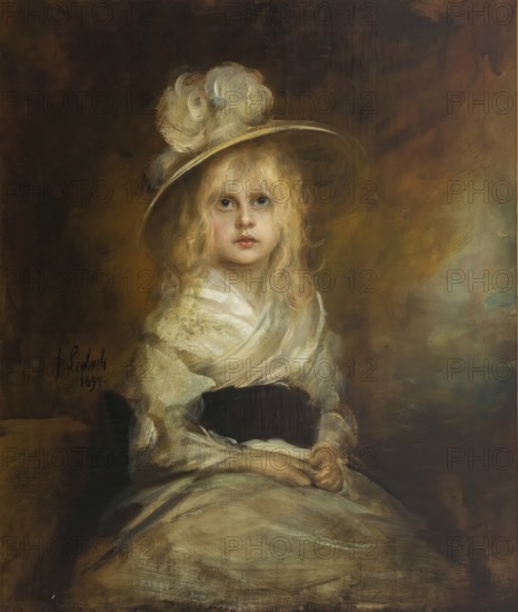 Painting, Reproduction of the painting, Work of art, Historical, Franz Seraph Lenbach, since 1882 Knight of Lenbach (born 13 December 1836 in Schrobenhausen, died 6 May 1904 in Munich), German painter, Munich painter prince, here his work:, Portrait of his daughter Marion (1897), A romantic painting of a girl in a white dress and hat in bright light