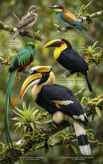 Display board climbing birds, double hornbill (Buceros bicornis), quetzal (Pharomachrus mocinno), pepper-eater (Selenidera piperivora), wryneck (Jynx torquilla), bee-eaters or spinetails (Meropidae), fauna, animal world, animal kingdom, animal illustration, bird, habitat, historical illustration, digitally processed