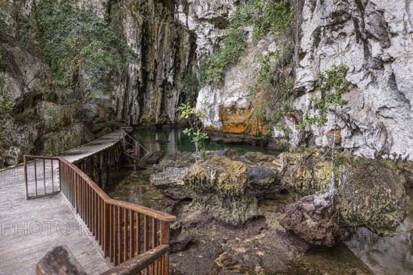 A scenic boardwalk winds through a cave, surrounded by lush foliage and rocky terrain in Indonesia. The tranquil water and rugged cliffs create a serene natural setting