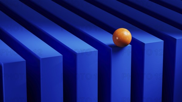 An orange sphere balances on blue geometric forms, creating a vibrant contrast against the structured backdrop. The 3D design enhances visual depth