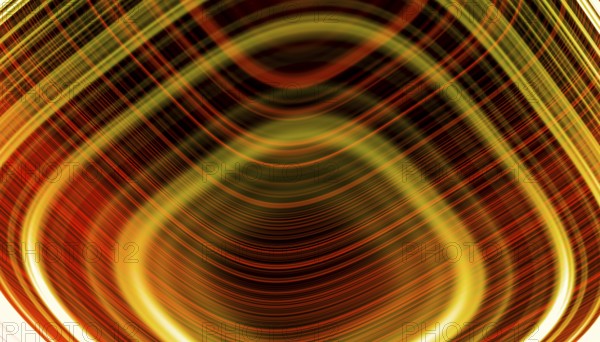 A dynamic 3D render depicting holographic concentric lines with a spectrum of yellow and red tones, creating a mesmerizing visual effect