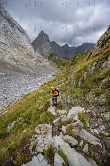 A mountaineer on a hiking trail with lush green vegetation, hiking trail to the Wolayerseehütte, cloudy mountain peaks, Carnic Alps, Carnic High Trail, Carinthia, Austria