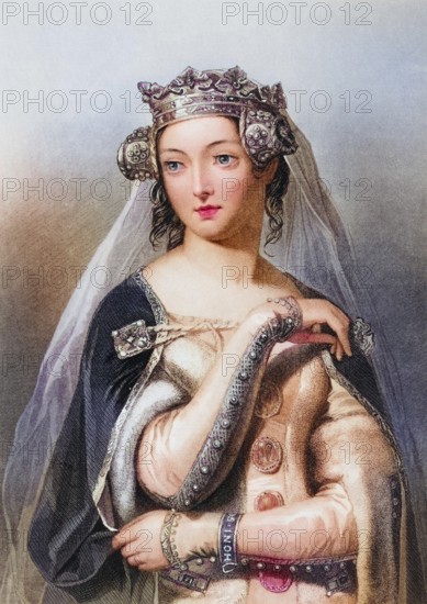 Philippa of Hainault, ca. 1314-1369, Queen of King Edward III of England. Engraved by W. H. Egleton after E. Corbould from the book The Queens of England, Volume I by Sydney Wilmot. Published in London c. 1890, Historic, digitally restored reproduction from a 19th century original, Record date not stated