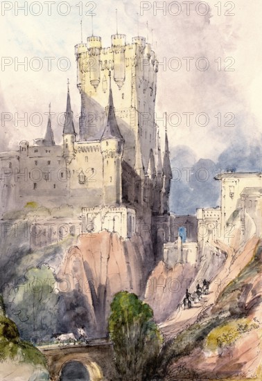 The Alcazar of Segovia, a castle in the Spanish city of Segovia in the autonomous community of Castile-León, Spain, digital reproduction of a painting by Charles Hamilton Smith (1776-1859), historical