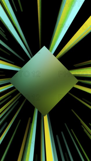 A vibrant 3D render featuring a central glowing cube surrounded by dynamic green and yellow beams radiating outward