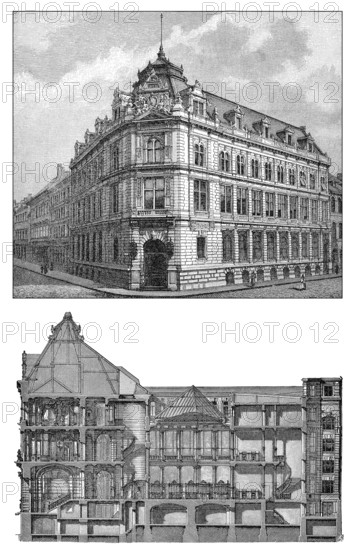Historic illustration, 19th century, Bank building, Bayerische Vereinsbank, Munich, Bavaria, Germany, Europe, Bankgebäude der Bayrische Vereinsbank, München, Bayern, Deutschland, historische Zeichnung, 19. Jahrhundert