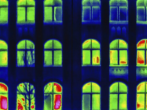 Thermal image or thermography, symbolic photo, interpolated. The photo shows areas of heat loss in a building. Stuttgart, Baden-Württemberg, Germany