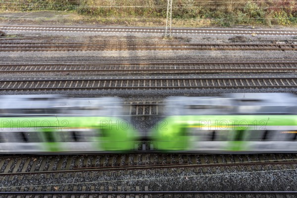 S-Bahn train on the route east, in front of Essen main station, regional transport in North Rhine-Westphalia, Germany