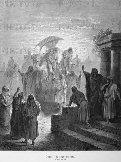 Bible, Isaac receives Rebekah, Genesis, 24, 64, camel, horsewoman, many people, waving, pillars, steps, greeting, Moses, Old Testament, historical illustration 1885