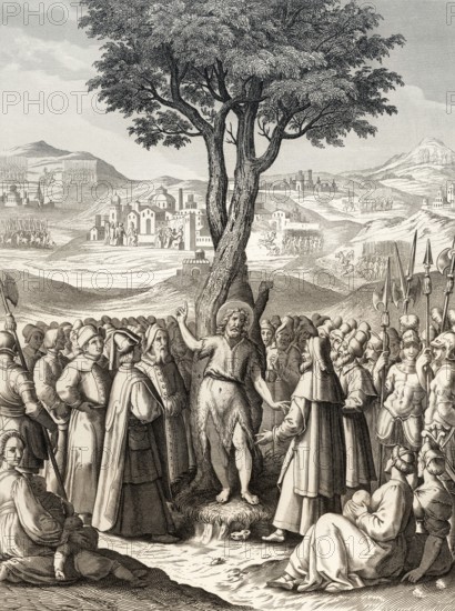 John the Baptist tells people about Jesus at the Jordan, Steel engraving 1853, digitally restored