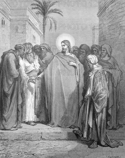 Tax for the Roman emperor, the interest coin, Matthew chapter 22, verse 16, money, surrender, state, government duty, disciple, Herod, truth, teaching, God, taxes, street, houses, palm tree, city, coins, Rome, Christian religion, Bible, New Testament, steel engraving Doré, historical illustration 1885