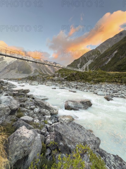 Suspension bridge on the Hooker Valley Track hiking trail, Mount Cook National Park, South Island, New Zealand, Oceania