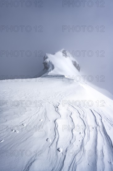 Drifting snow, mountain ridge, snow-covered mountain landscape, ascent to the Wildhorn, cloudy mood, high tour, Bernese Alps, Bernese Oberland, Switzerland