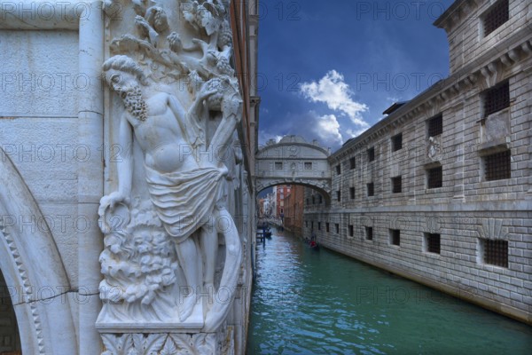 Bridge of Sighs, a sculpture on the left, Noah's drunkenness at the Ducal Palace, Venice, Veneto, Italy