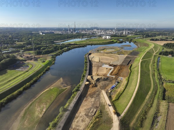 Haltern-Marl, North Rhine-Westphalia, Germany - Lippe, flood protection in the Haltern-Lippramsdorf-Marl area (HaLiMa) . Flood protection on the River Lippe by relocating the dyke and thus extending the floodplain. Marl Chemical Park at the back