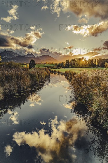 Lake Hopfensee in the Allgäu in autumn with warm sunset light against a picturesque Alpine backdrop, Bavaria, Germany
