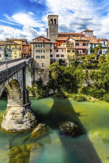 Ponte del Diavolo from the 15th century leads over the Natisone river into the historic centre, Devil's Bridge, Cividale del Friuli, city with historical treasures, UNESCO World Heritage Site, Friuli, Italy, Cividale del Friuli, Friuli, Italy