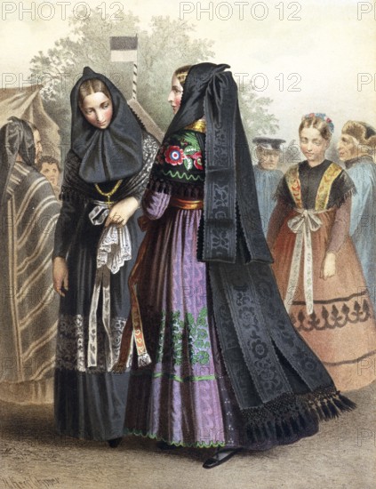 Traditional costumes in Germany around 1820, Province of Saxony, Dannstedt, woman in black veils and colourful traditional dresses at a festive occasion, digitally retouched reproduction of a model from around 1850, by Albert Kretschmer (27 February 1825, 11 July 1891), German painter and traditional costume expert