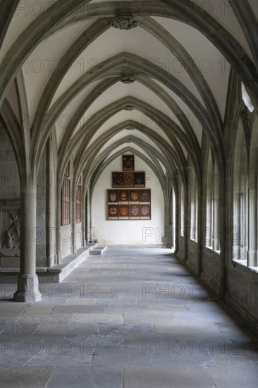 Perspective interior view of a historic Gothic cloister with cross-ribbed vaulting, ogival windows facing the courtyard and wooden votive panels on the plastered walls of Constance Cathedral, Constance, Konstanz district, Baden-Württemberg, Germany