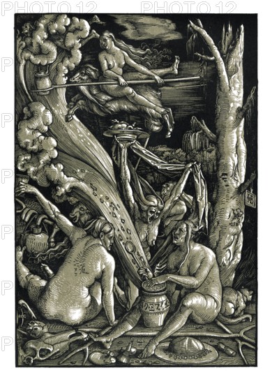Three witches prepare for the Sabbath, by Hans Baldung Grien, 1510, facsimile of the 19th century