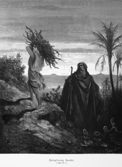 Bible, sacrifice of Isaac, Genesis, 22, 6, collecting wood, work, palm trees, landscape, old man, rocks, cacti, Moses, Old Testament, historical illustration 1885