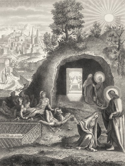 The empty tomb, Mary Magdalene, Resurrection of Jesus, New Testament, steel engraving 1853, digitally restored